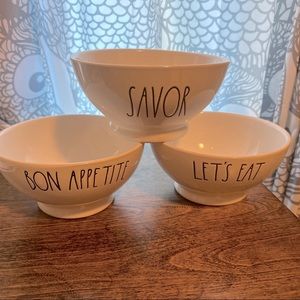 Set of 3 Rae Dunn cereal soup bowls LETS EAT SAVOR BON APPETITE